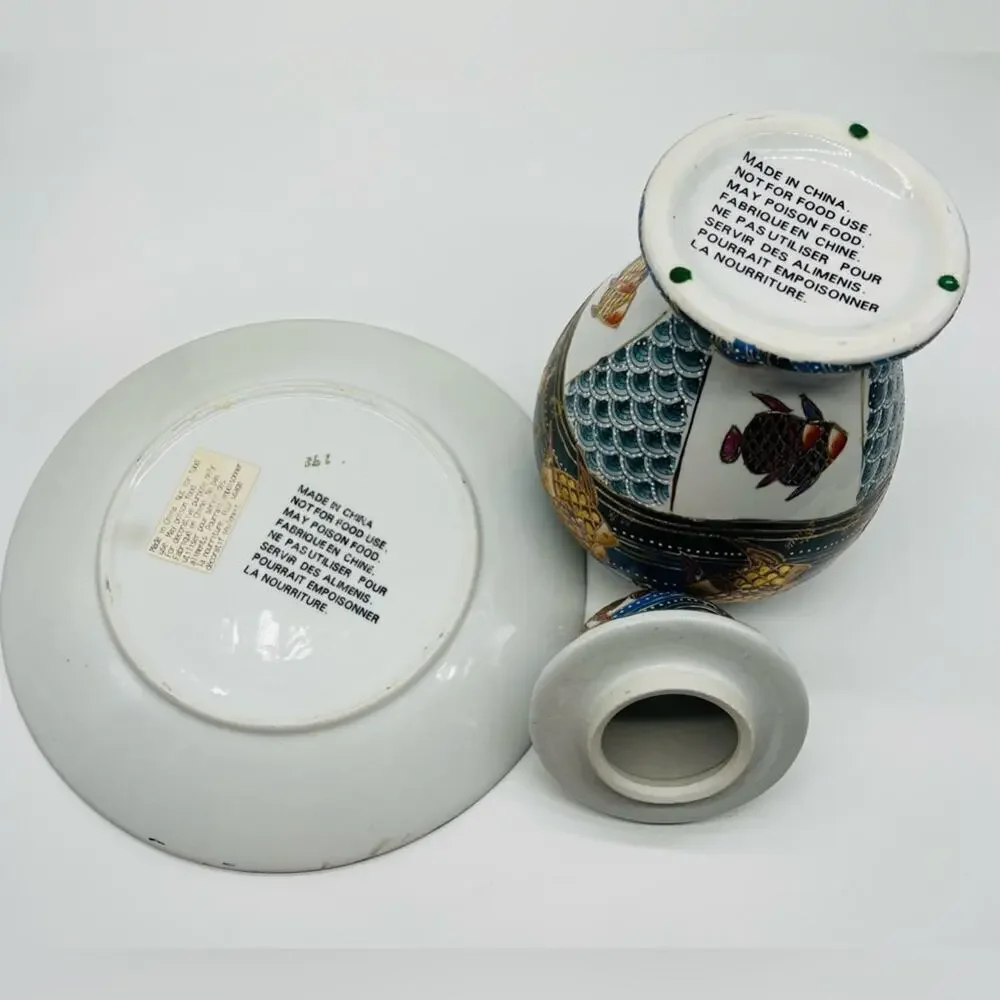 Porcelain hand painted Japanese textured large ginger jar with matching plate